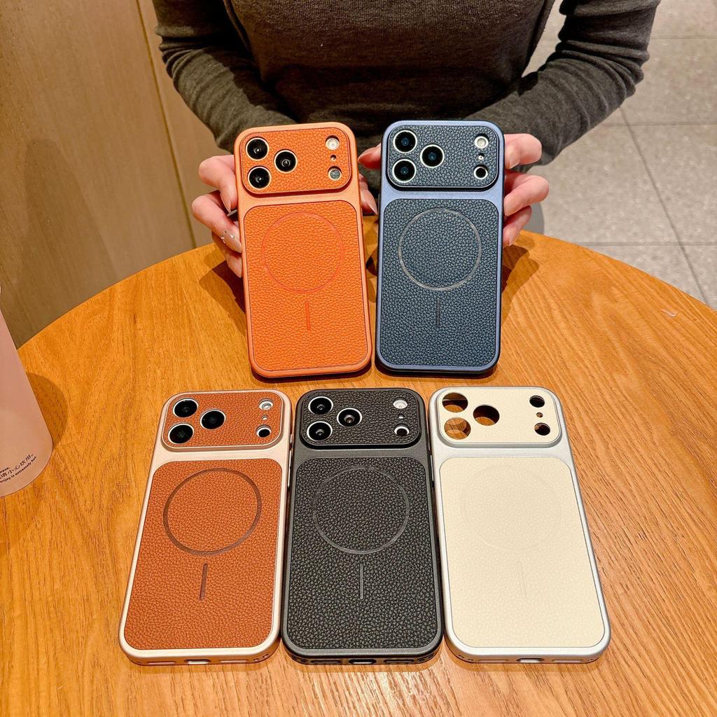 Магнитный чехол для телефона с текстурой кожи для iPhone 17 Pro Max: Мгновенно превращается в большое окно, Совместим с Apple 16, Деловой дизайн «Личи».