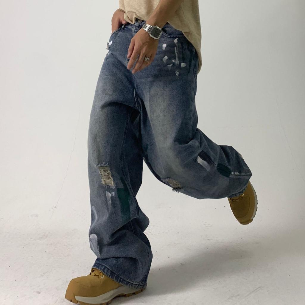 Европейские и американские уличные джинсы с чернильными пятнами для мужчин и женщин, нишевый дизайн, свободные широкие брюки для пар, повседневные универсальные брюки