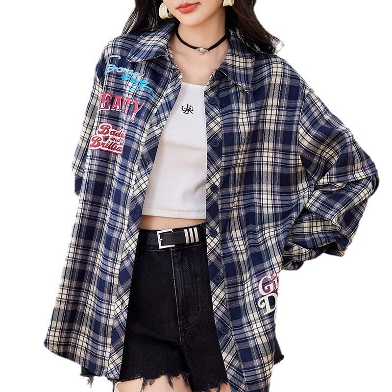 Ladies Autumn Check Loose Shirt Vintage Top