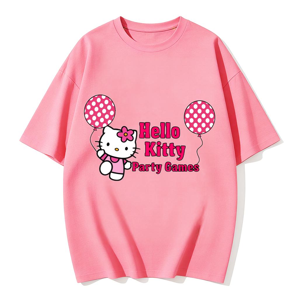2026 New Hello Kitty Party Games Balloon Cartoon Print Tshirt Family Matching Outfits Casual Short Sleeve Tee for Women Unisex Kid
