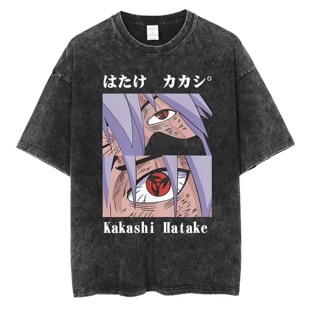 Anime Naruto TShirt Manga Retro Washed Version Kakashi TShirt Pain TShirt Lee Tobi Top Mens Cotton Streetwear