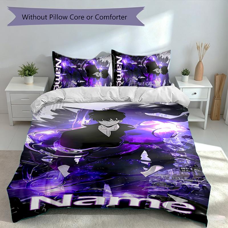 3pcs Custom Name Solo Leveling Bedding Set,Includes 1 Duvet Cover and 2 Pillowcases,All-season Bedroom Decor