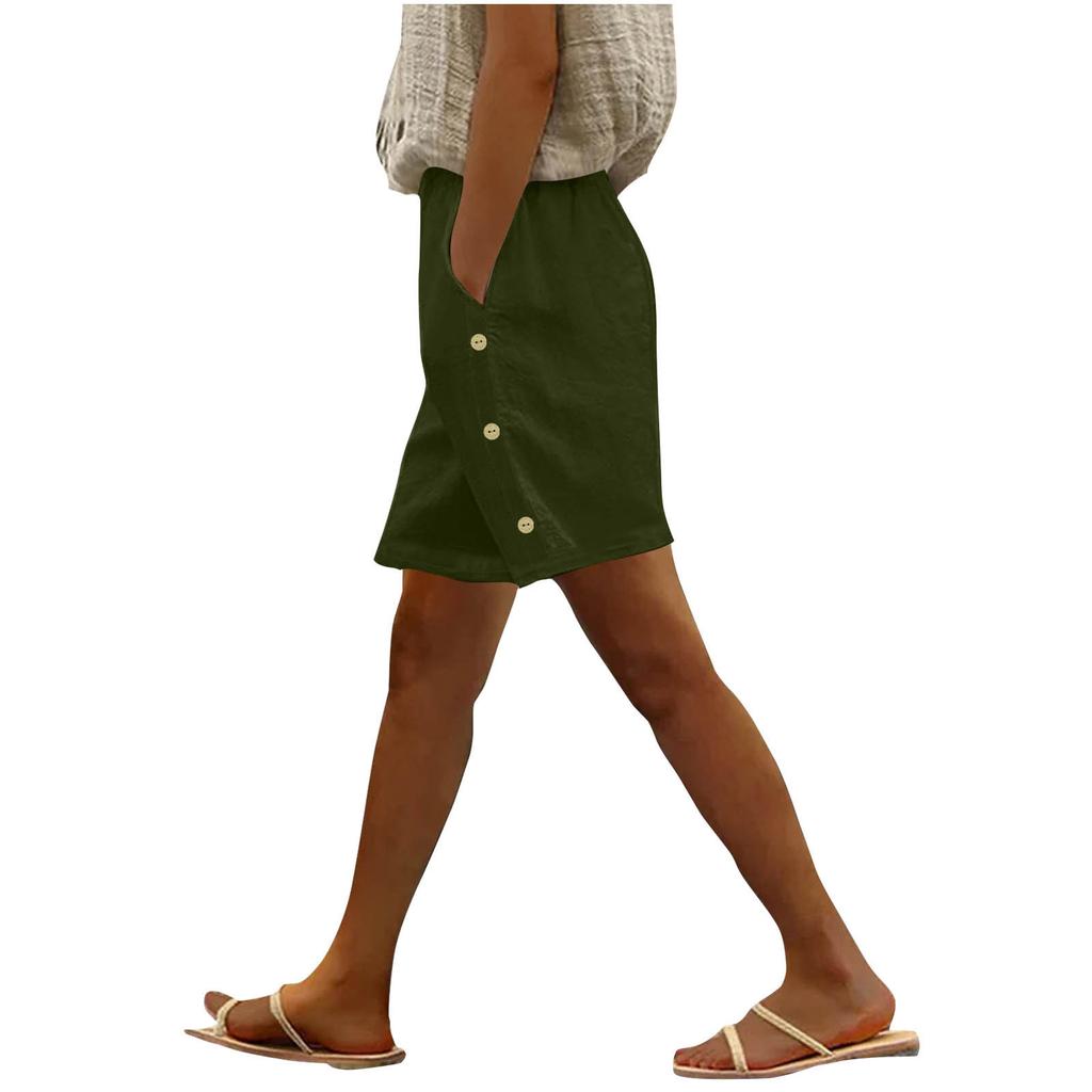 Женские модные повседневные свободные однотонные шорты из хлопка и льна с боковыми карманами на пуговицах и средней талией