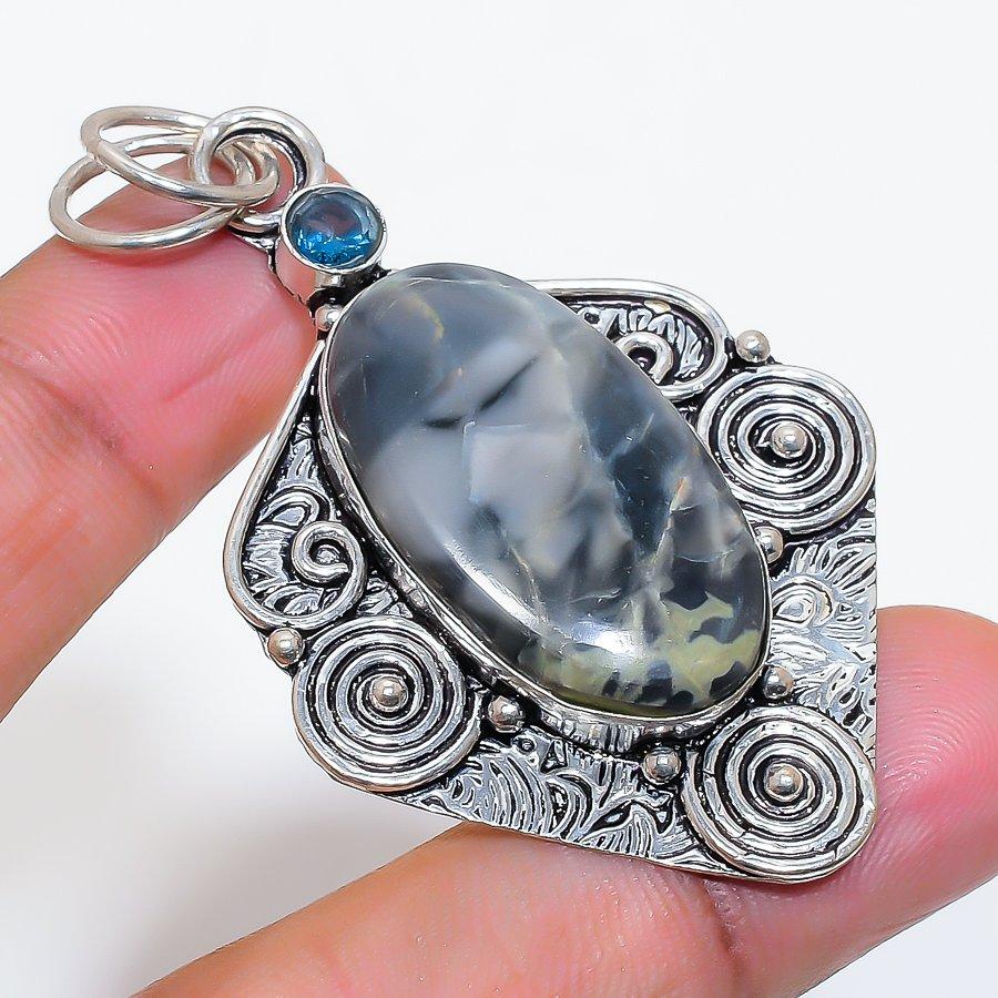 Natural Maligano Jasper, Iolite 925 Sterling Silver Jewelry Pendant 2.48" ZS-84
