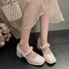 2024 New Women's Summer Mary Jane Shoes Fashionable High Heels Elegant Solid Color Bow Decoration Dress Party Shoes Zapatos