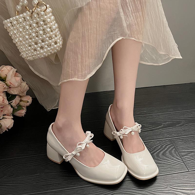 2024 New Women's Summer Mary Jane Shoes Fashionable High Heels Elegant Solid Color Bow Decoration Dress Party Shoes Zapatos