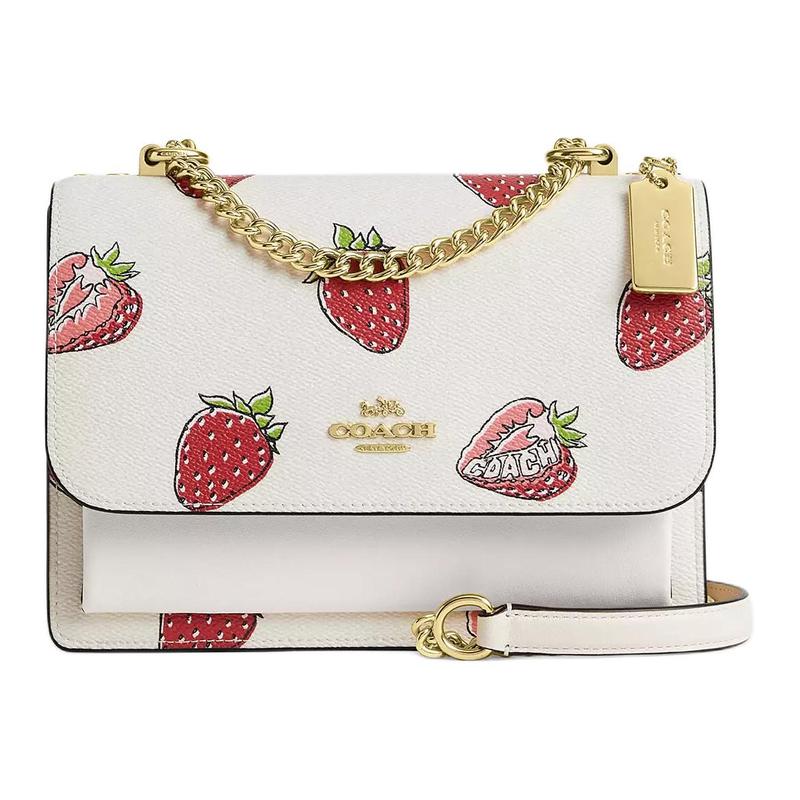 COACH Klare 22 strawberry print coated canvas and leather shoulder bag small size for women gold and chalk multicolor