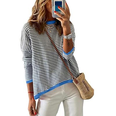 Женская мода повседневная весна-осень полосатый принт длинный рукав О-образный вырез блузки и рубашки