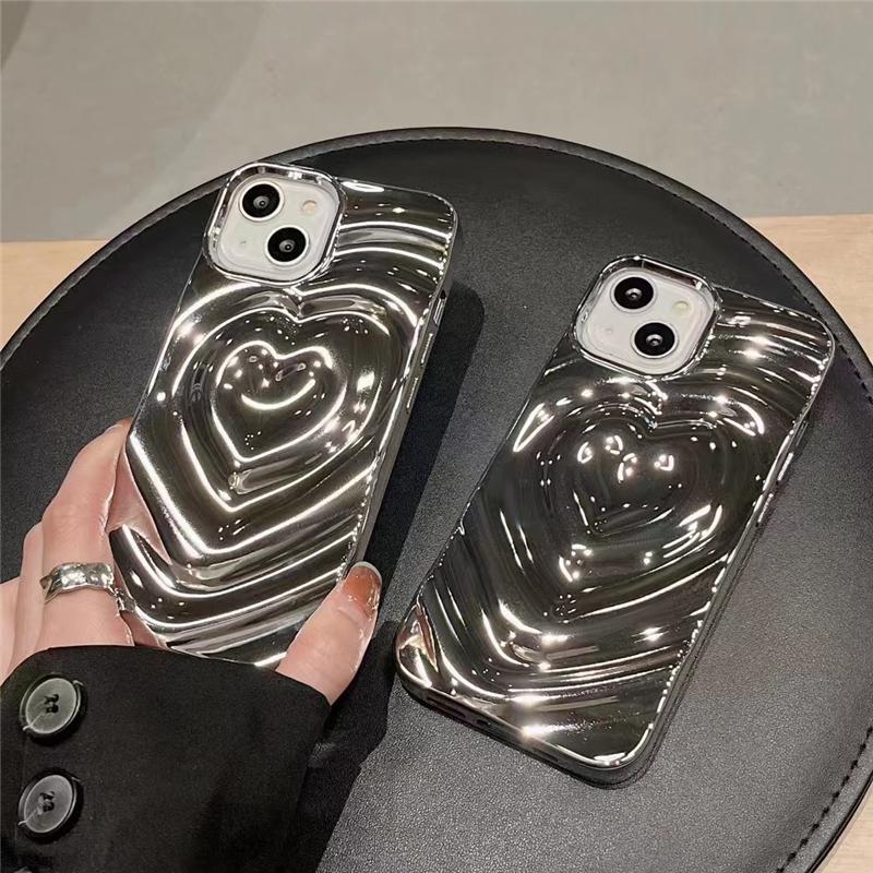 Роскошный серебристый 3D-чехол для телефона с изображением сердца и водной ряби для iPhone 14Pro Max 13 12 11 Pro Max, силиконовый противоударный чехол