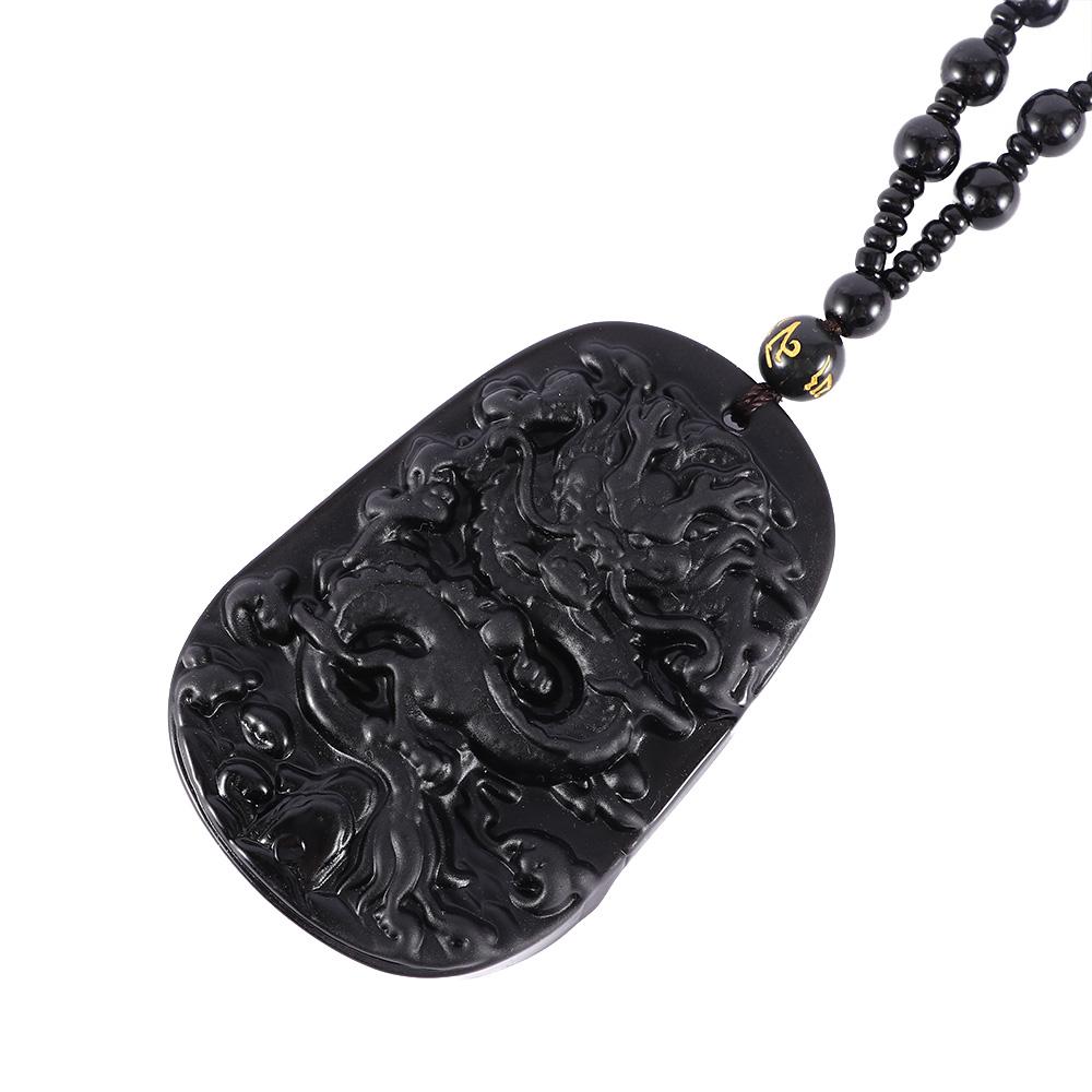 Женская благоприятная цепочка из бисера, черная подвеска, ожерелье из натурального обсидиана, тотем дракона, резной