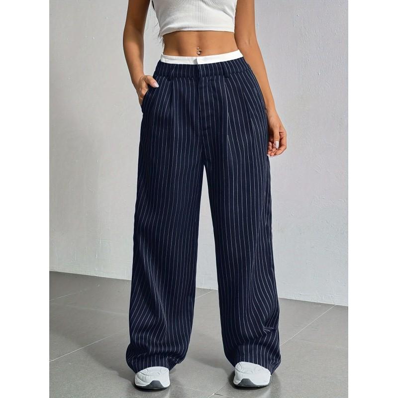 High-Waisted Wide-Leg Striped Trousers Women Office Chic Straight Cut Pants With Pockets Lightweight Stretch Fit