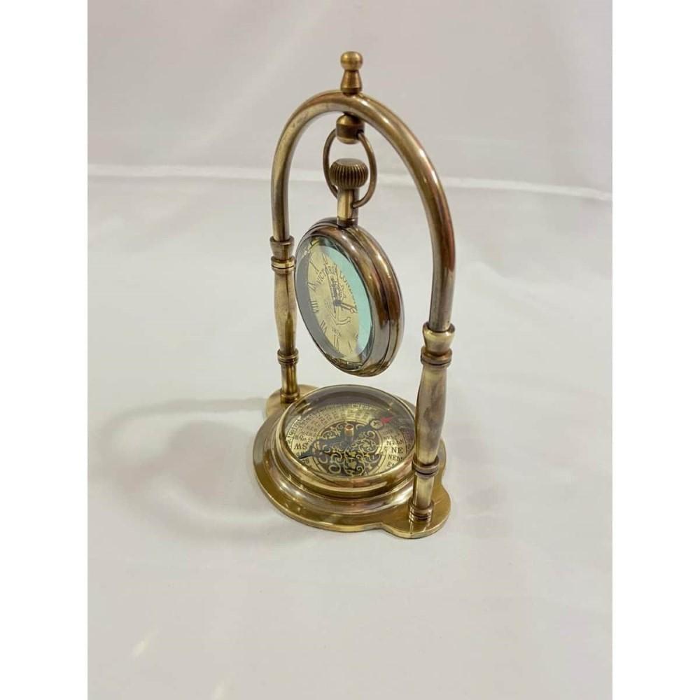 Морские настольные часы с латунным компасом и старинными карманными часами - 14 см