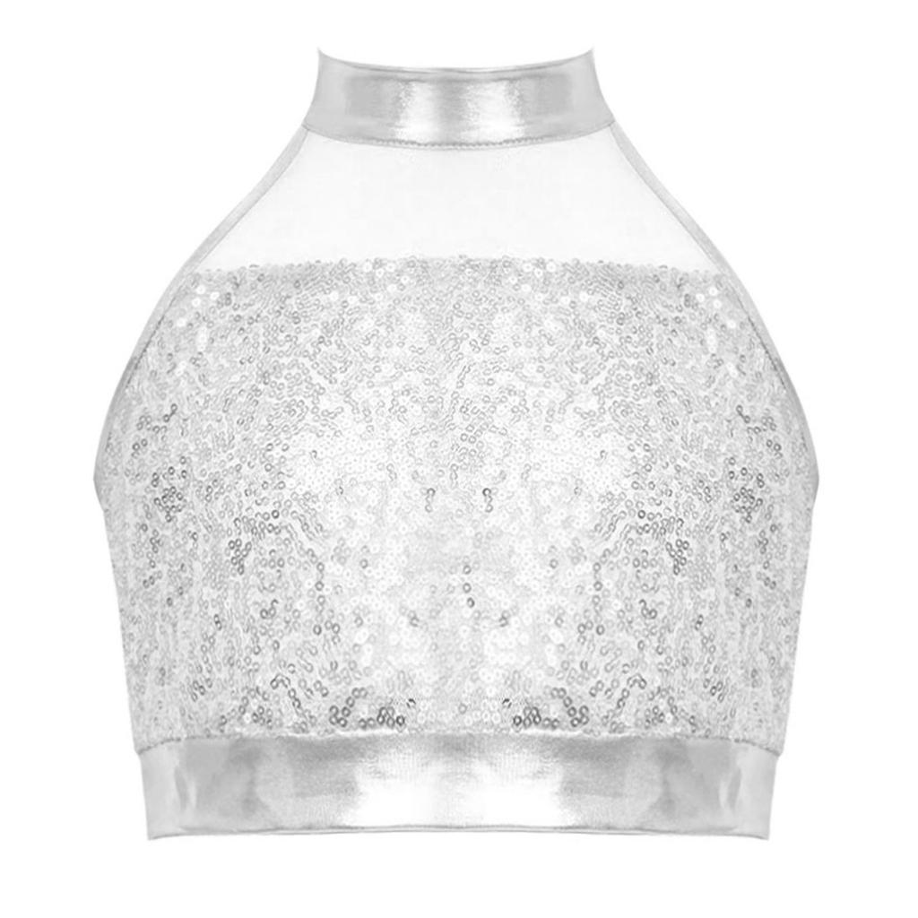 Girls Sleeveless Mock Neck Dance Crop Top Glitter Sequin Patchwork Keyhole Back Design Performance Top