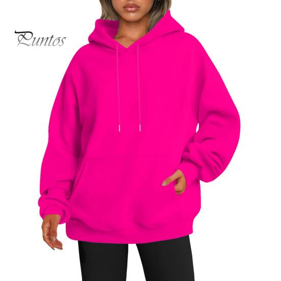Women Fall Winter Hoodie Thick Hooded Long Sleeves with Big Pocket Plus Size Mid Length Solid Color Loose Elastic Cuffs Drawstring Sport Top