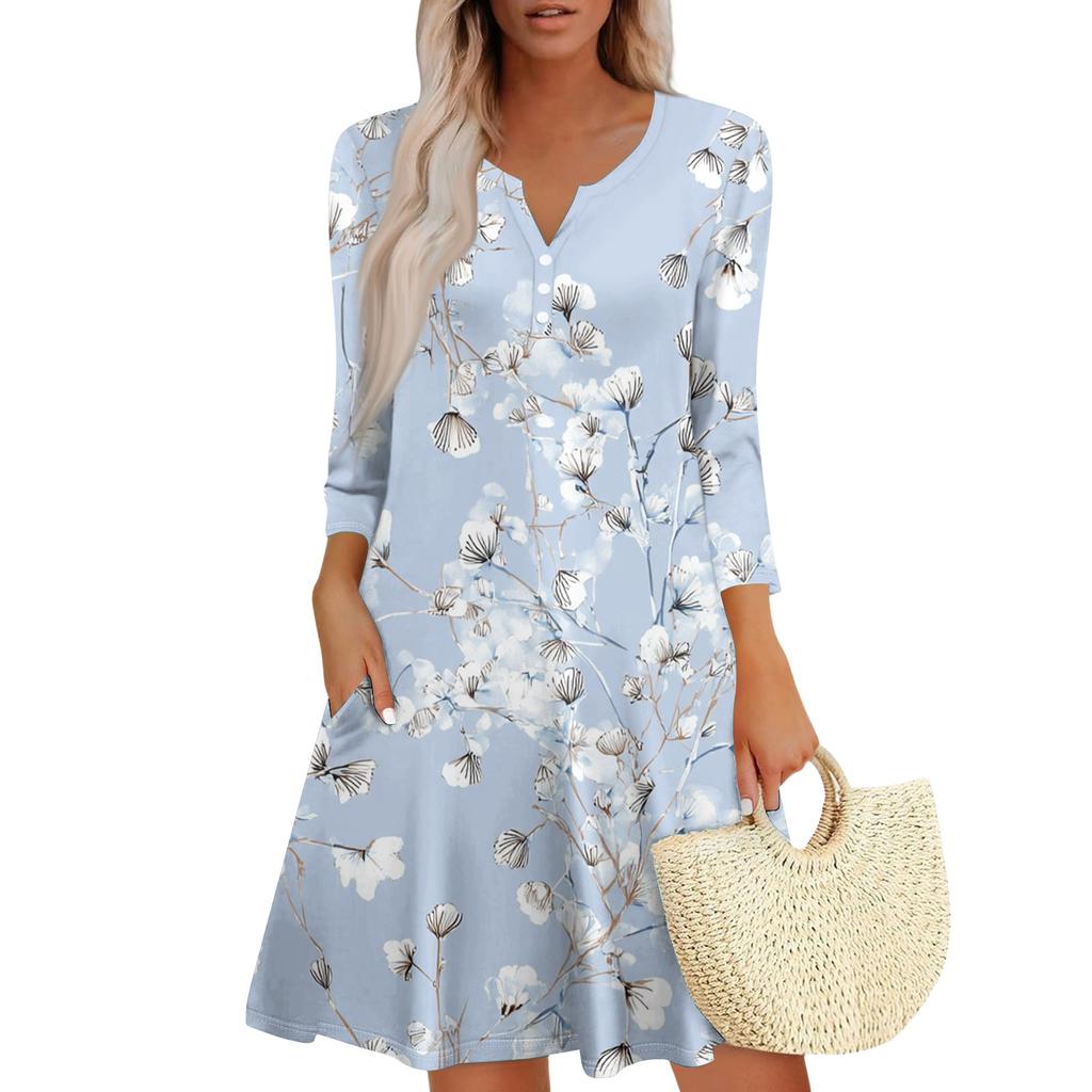 Женское модное платье с V-образным вырезом, пуговицами, рукавами длиной семь восьмых, карманом и цветочным принтом