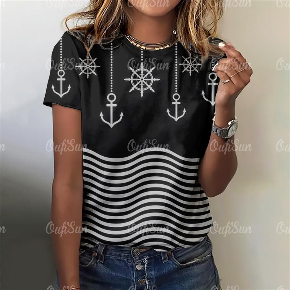 2024 новая стильная футболка для женщин, топ с принтом якоря, летние футболки большого размера для женской одежды, женская мода с круглым вырезом, большие размеры