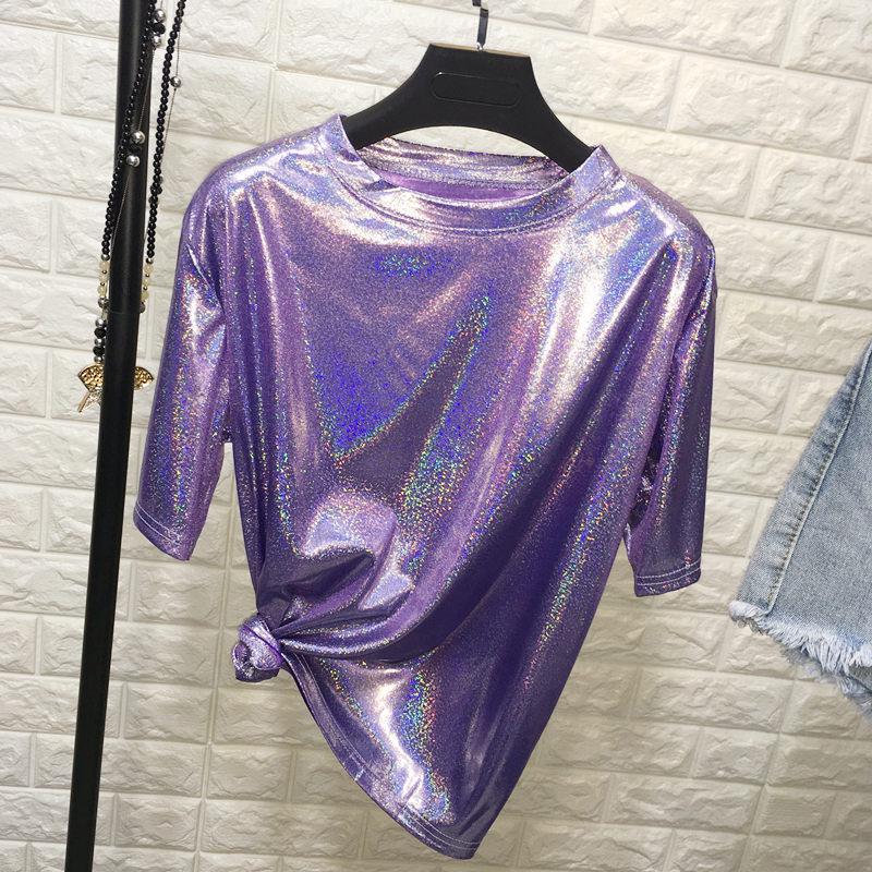 New Summer Retro Style Stylish Bright Silk Woman Tops Shiny Loose Short Sleeve T-shirt Sexy Club Aesthetic Harajuku Women Tshirt