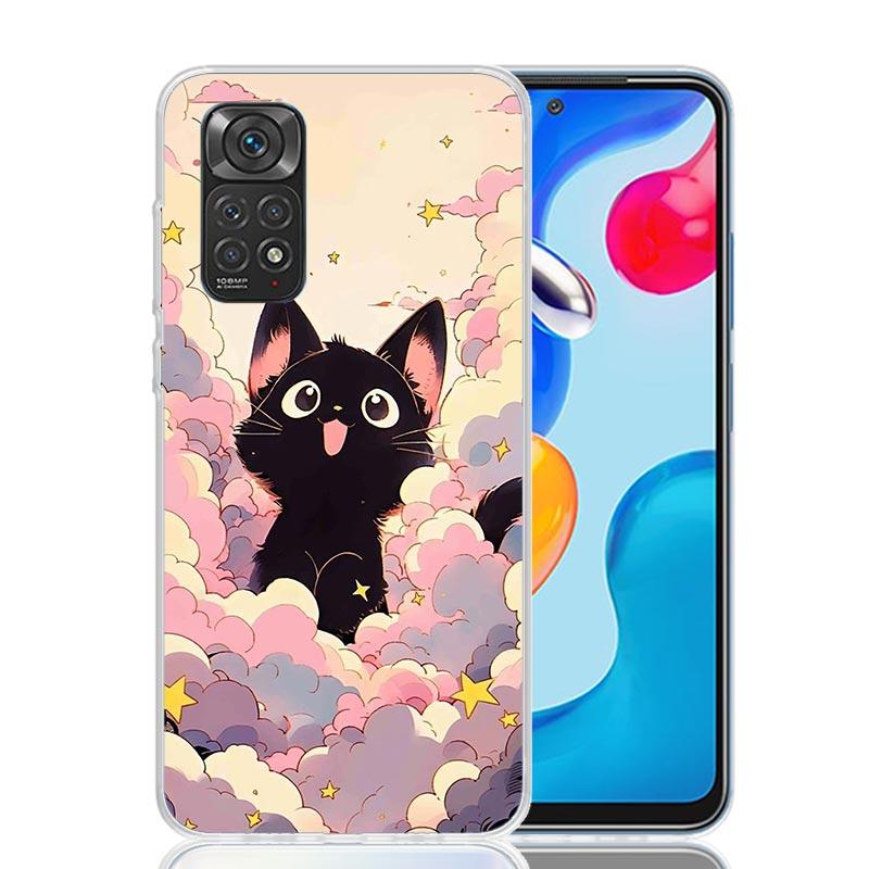 Аниме Милый Черный Кот Мяу Чехол Для Телефона Для Xiaomi Redmi Note 15 14 13 12S 12 Pro Plus 11S 11E 11 11T 10S 10 Арт Мягкий Чехол С Рисунком