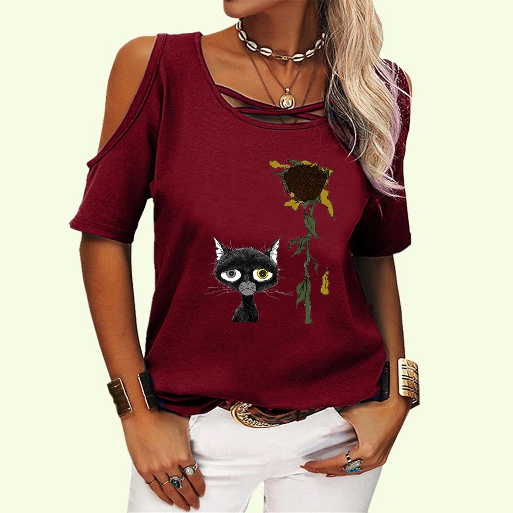 Женская модная футболка с открытыми плечами, женская повседневная футболка с круглым воротником, летний принт, короткий рукав, футболка