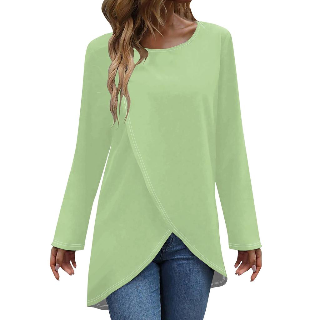 Женская модная повседневная однотонная футболка с длинным рукавом и круглым вырезом с перекрестным подолом, топ