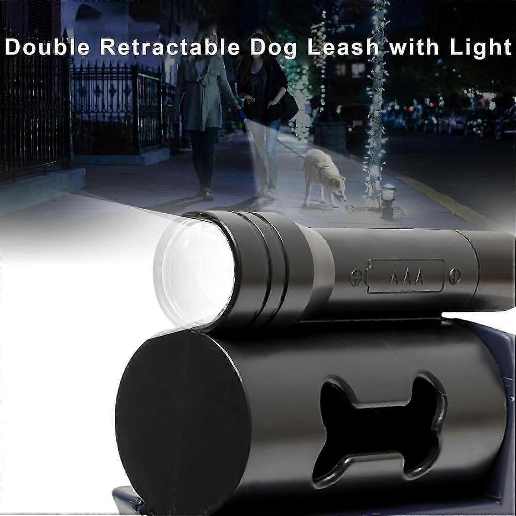Illuminated Double Retractable Leash for Two Dogs, 360 Anti-Tangle Swivel Strap