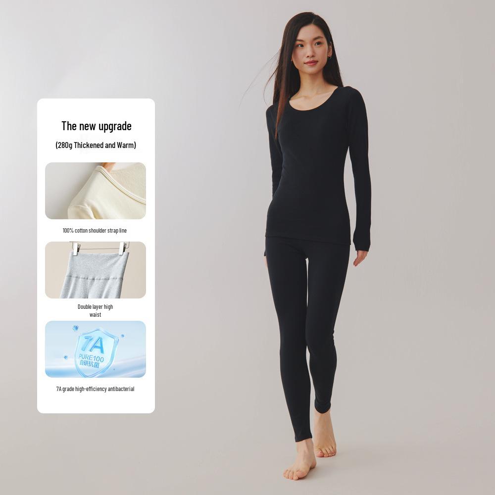 Женский комплект термобелья большого размера из двухсторонней фланели - Чистый хлопок, Толстый базовый слой с круглым вырезом для осени и зимы