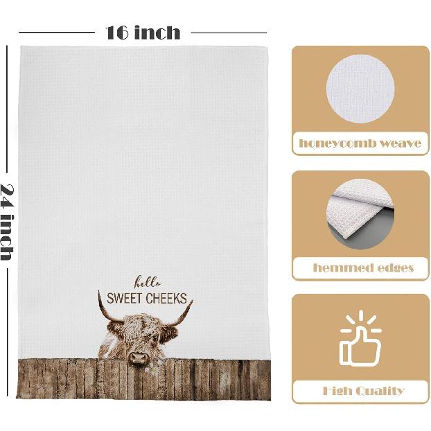 Highland Cow Bathroom Kitchen Towels - Hello Sweet Cheeks Western Bathroom Kitchen Decor,Farmhouse Western Cow Decorative Hand Towels 16x24, Funny