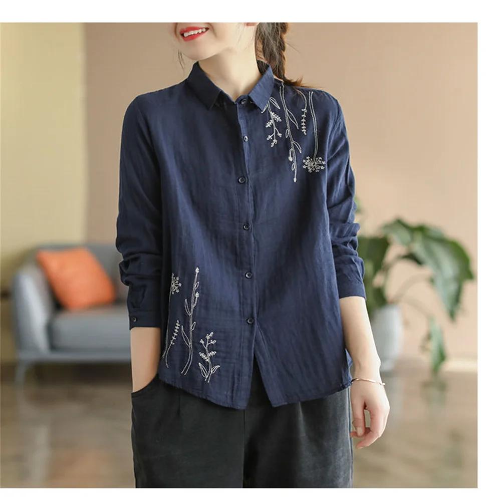 Весна Лето Отложной Воротник Хлопок Вышивка Рубашка Женская Длинный Рукав Повседневная Мода Винтаж Свободная Блузка Топы Женщины