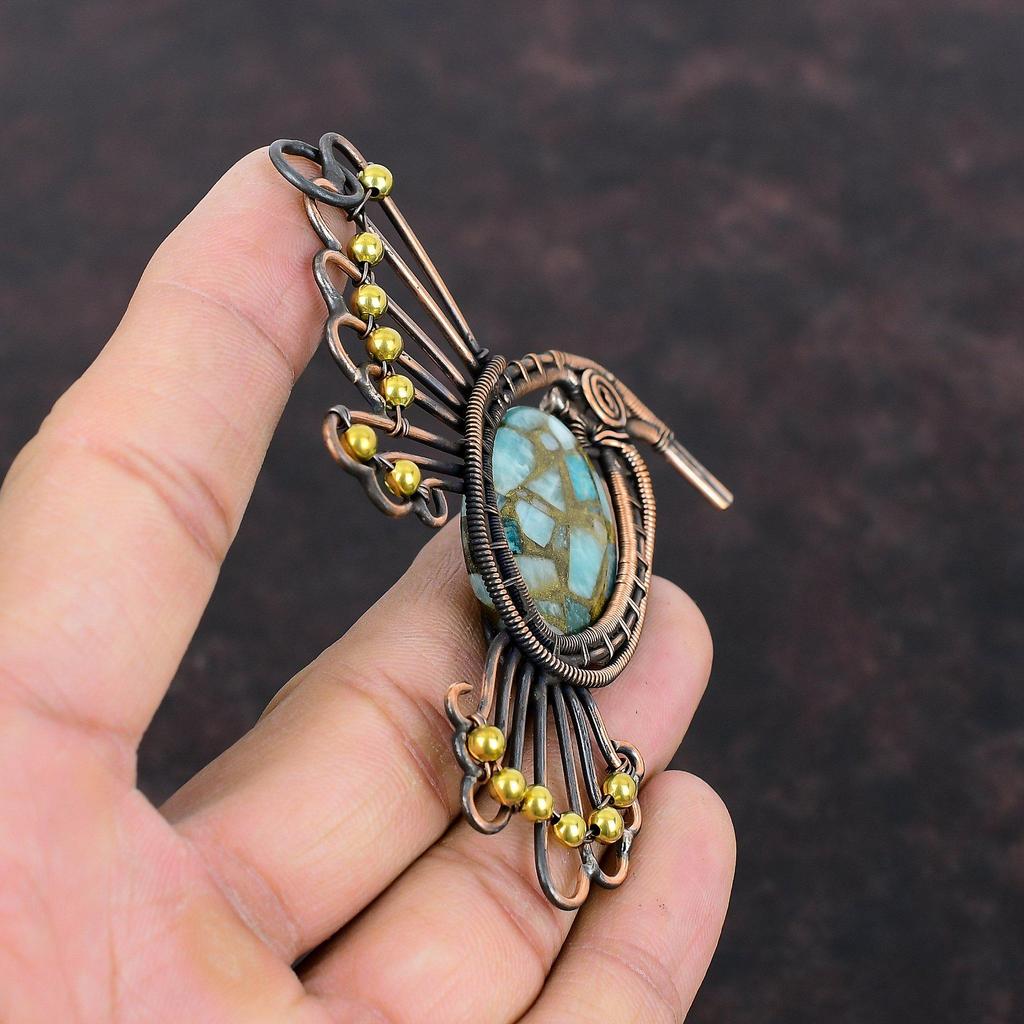 Медный кулон с амазонитом, медная проволока, кулон, ювелирные изделия с птицами, кулон с драгоценным камнем, кулон ручной работы, медная проволока, ювелирные изделия, свадебные подарки