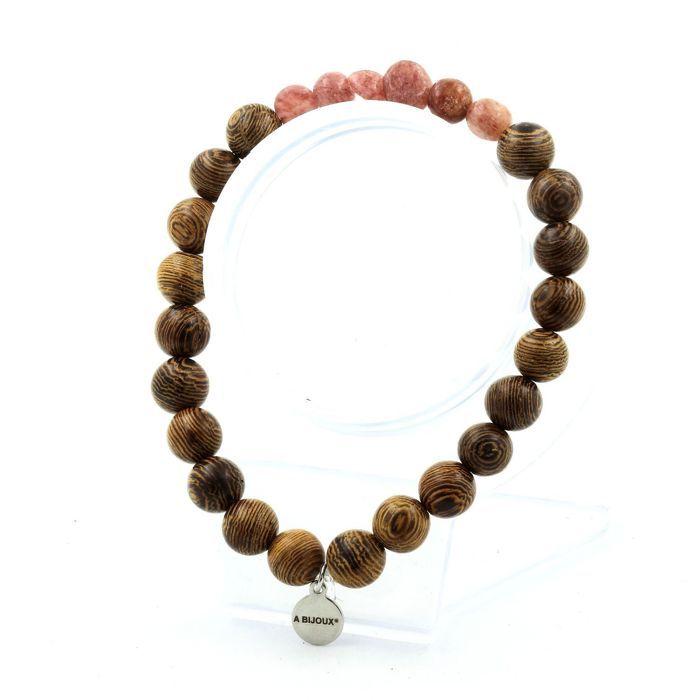 Stones and Minerals. Brazilian Ruby Bracelet + 8 Mm Wooden Beads. Made In France.