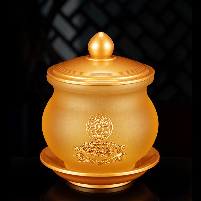 Набор для подношений из чистого медного лиули: Будда, Лампа Гуаньинь, Тарелка, Чашка для воды, Благовонница.