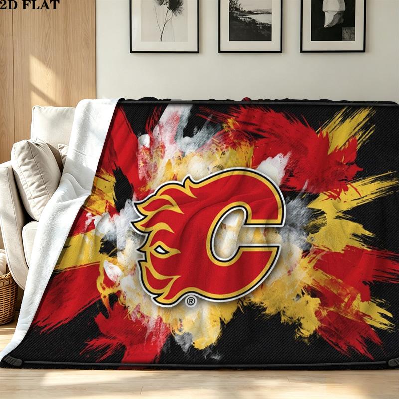 Calgary Flames Logo Print Flannel Blanket High Quality Warm Comfortable Cover for All Seasons Perfect for Gifts Home Decor