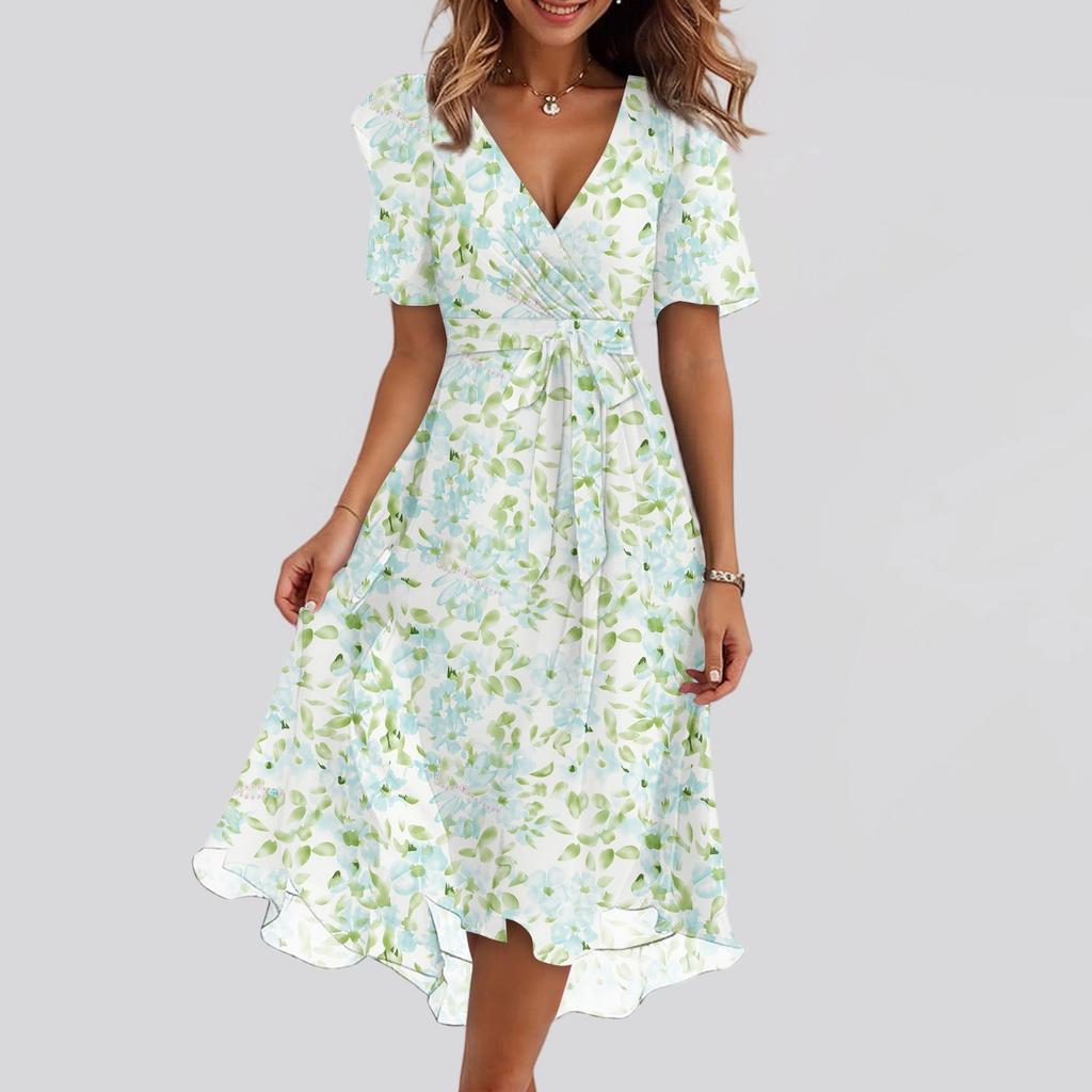 Women's Fashion Casual V Neck Short Sleeve Ruffled Vintage Printed Dresses