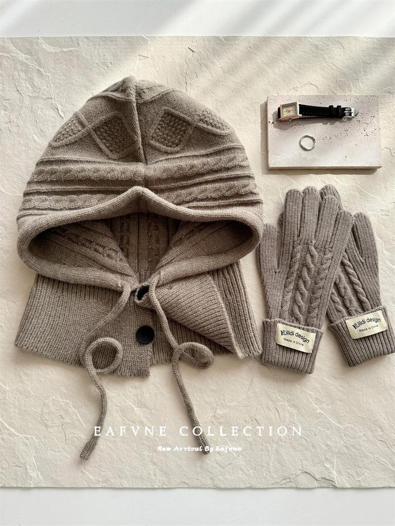 Korean Style Wool Balaclava & Twisted Gloves Set for Women - Perfect for Autumn and Winter