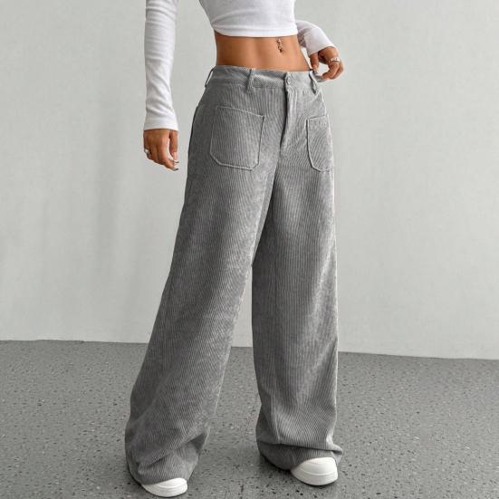 Женские брюки с низкой посадкой, на молнии и пуговице, прямые широкие длинные брюки с карманами, однотонные рубчатые брюки для отдыха
