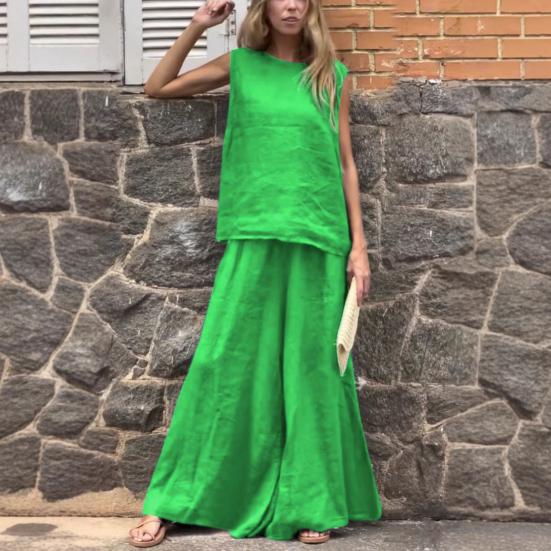 Женский летний комплект из 2 предметов: майка без рукавов, широкие брюки, повседневный комплект из льна и хлопка для отдыха на пляже