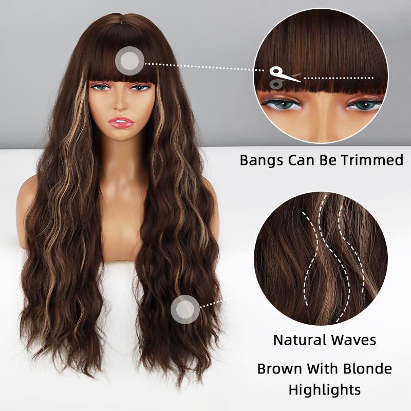 LISI HAIR Коричневый с светлыми бликами, цвет омбре, длинный волнистый парик с челкой, синтетическое волокно, женская повседневная одежда, волнистый парик для косплея
