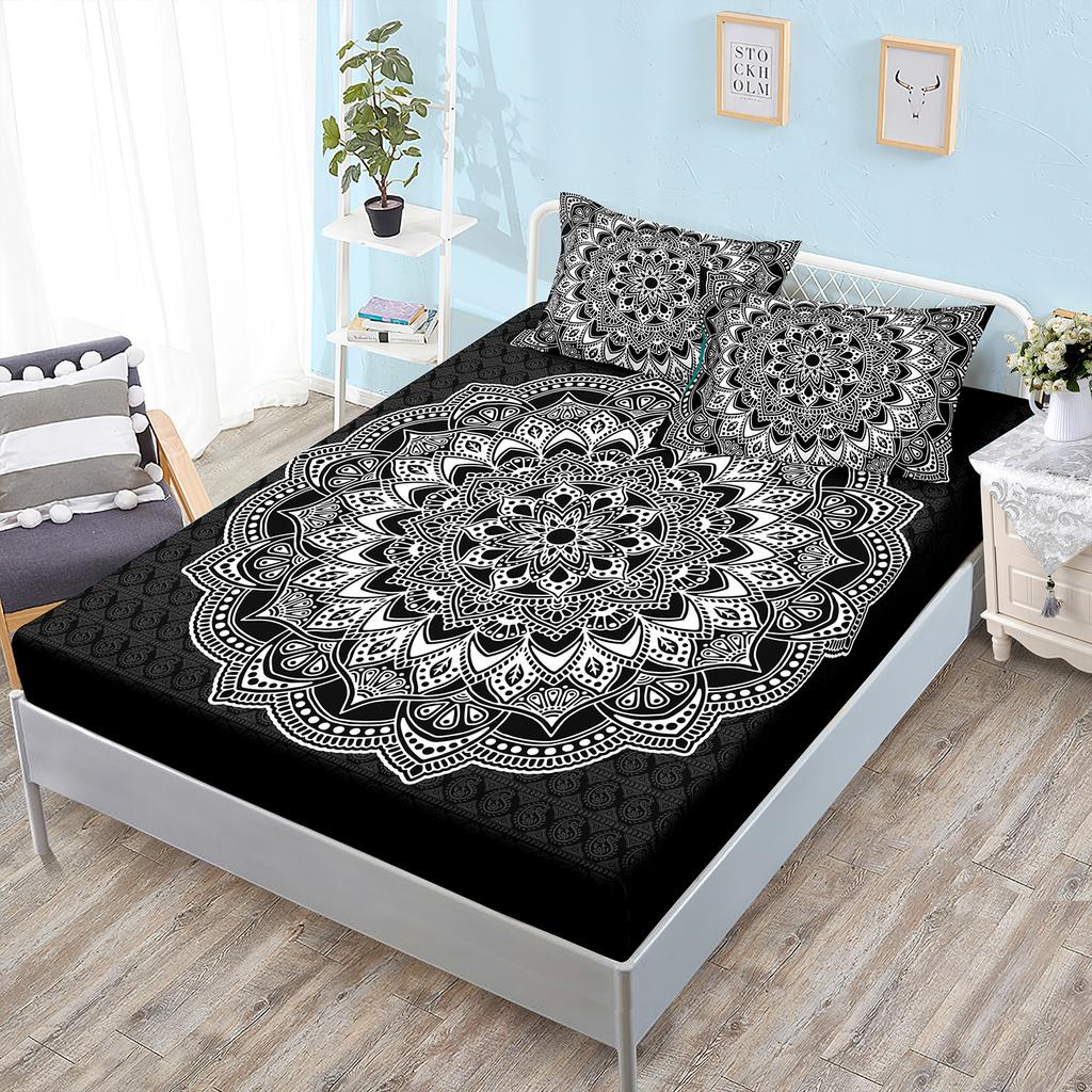 Three-Piece Mattress Cover, Black Bohemian Mattress Protective Cover.