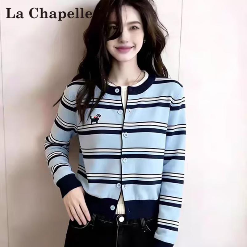 La Chapelle Contrast Striped Embroidered Knit Cardigan