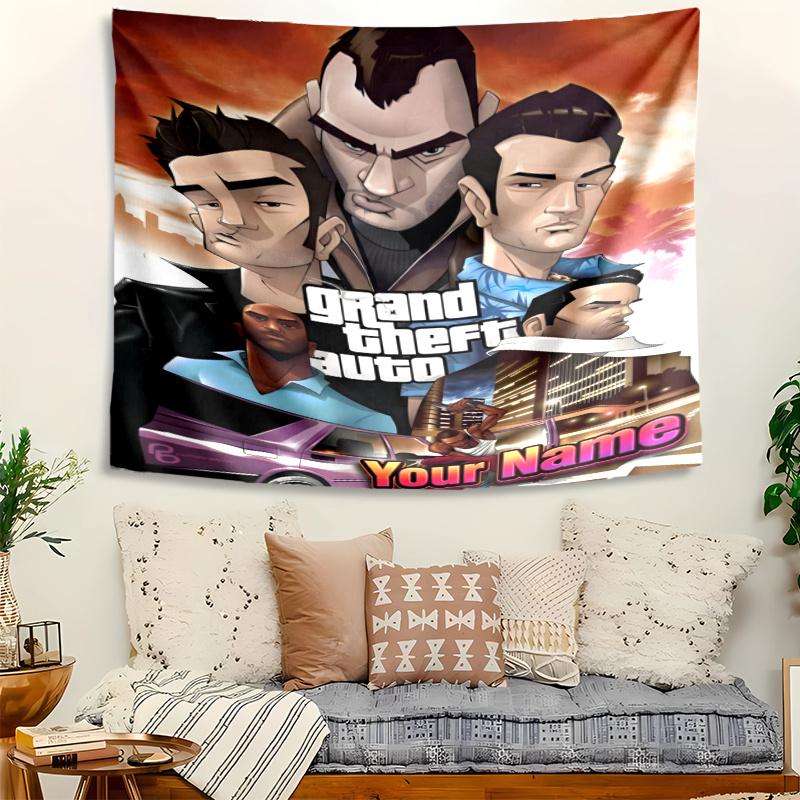 Personalized Name GTA Tapestry, Wall Hanging Tapestry, Pattern Tapestry for Dorm Bedroom Living Room Wall Art Photography Backdrop