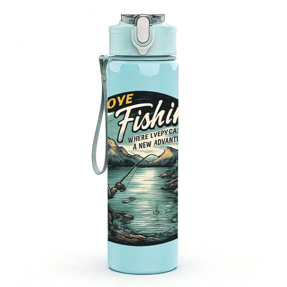 1PC Vintage Fishing Circle Art 750ml Color Plastic Sports Water Bottle Leakproof Flip Straw Lid Suitable for Sports Office Home Use