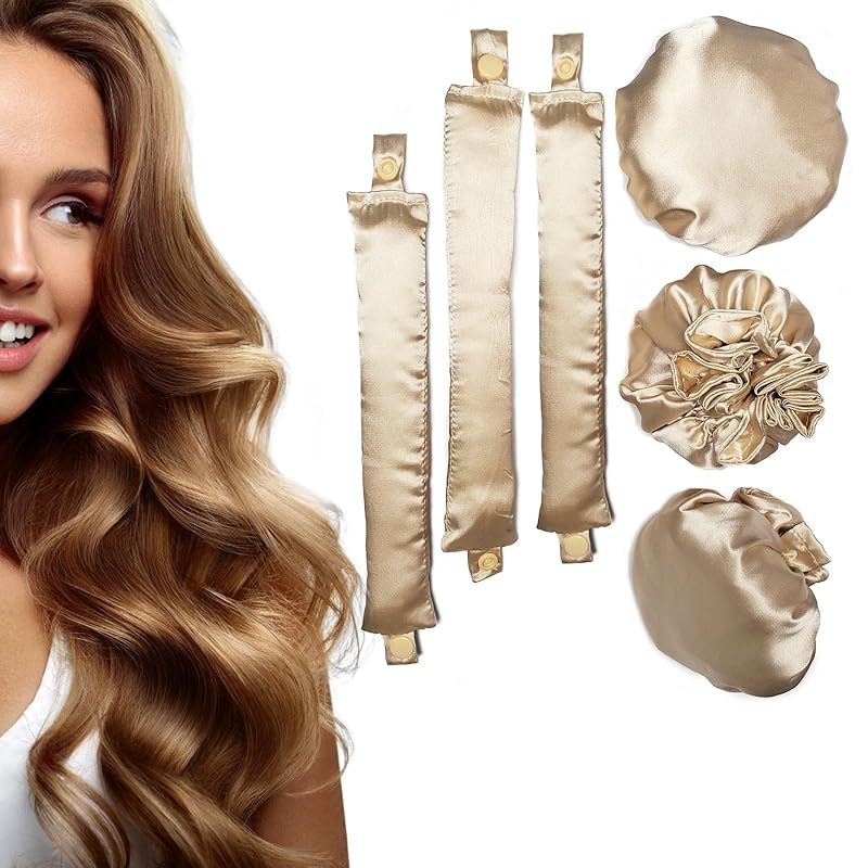 3Sets/6PCS Ariuvor Satin Heatless Hair Rollers for Overnight Curls, Soft Headband Rods with Hair Caps for All Hair Types (3-golden)