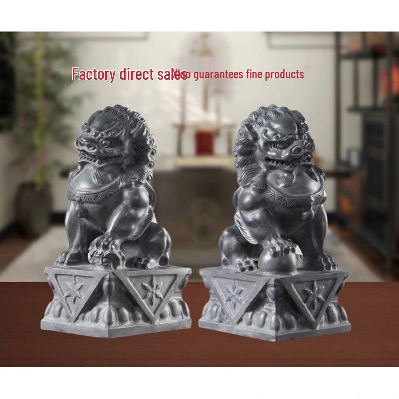 Bluestone Lion Pair: Hand-Carved Stone Ornaments for Home, Doorway, Courtyard, or Tombstone.