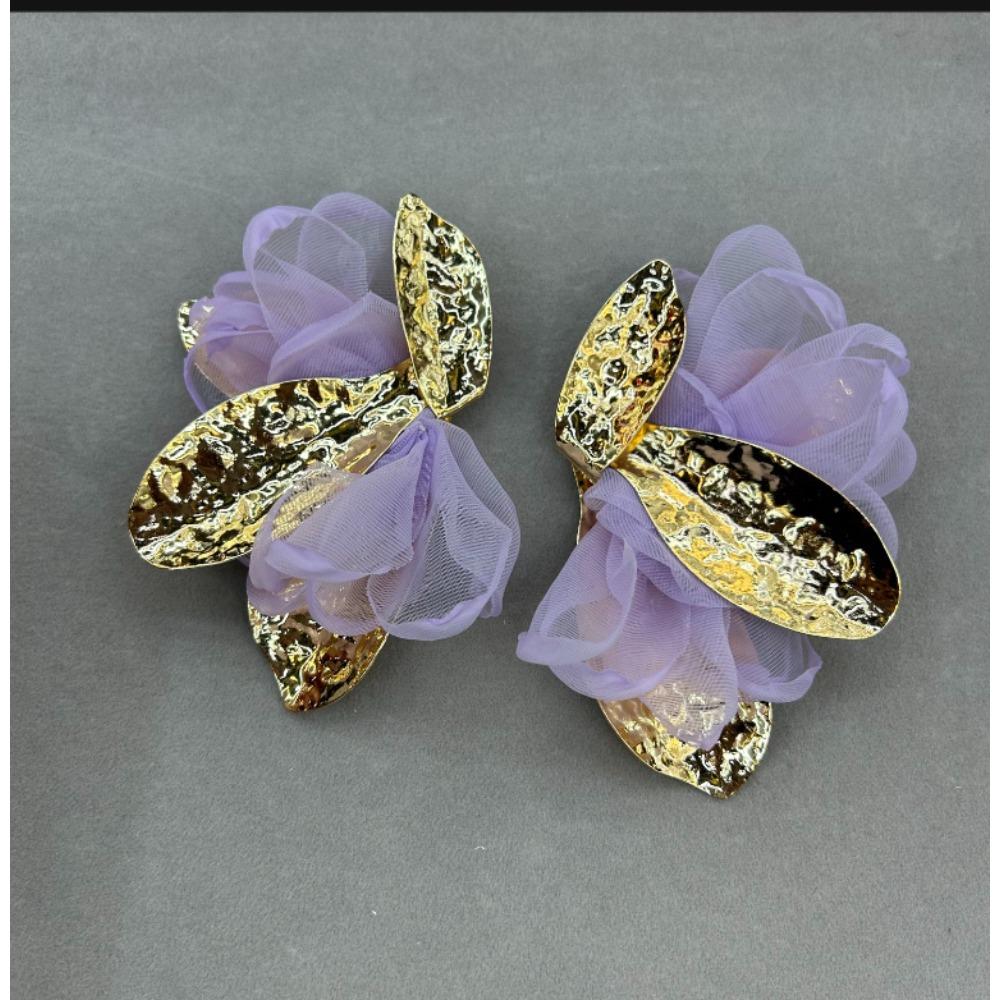 European and American Fabric Chiffon Flower Earrings Light Luxury High-end Earrings Exaggerated Temperament Versatile Earrings Women