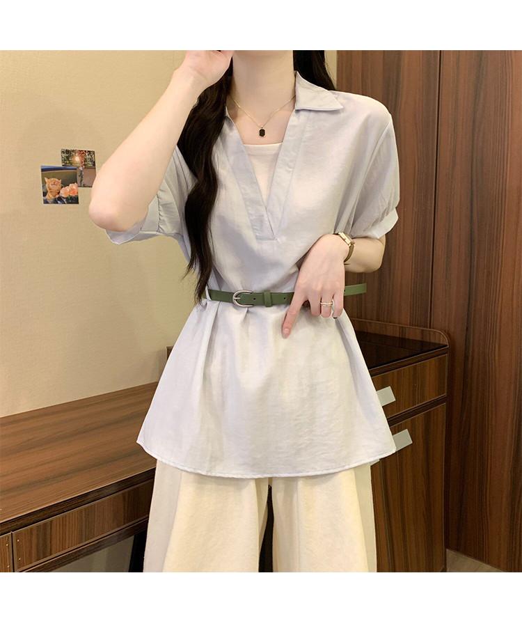 2026 summer new style chic and unique loose and slimming versatile top fake two V-neck short sleeved shirt for women