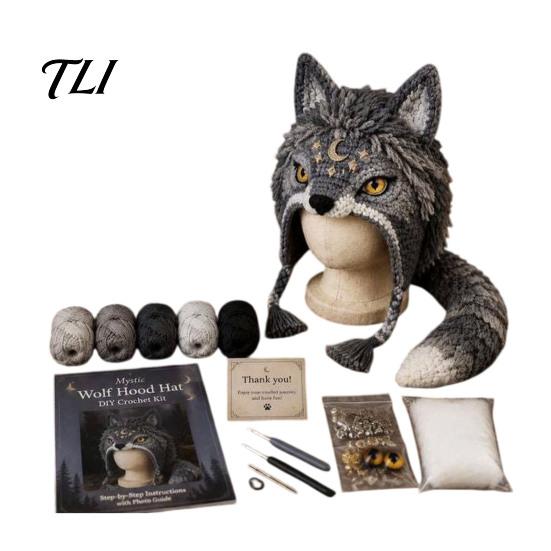 Handmade Fantasy Headwear Hood Crochet Kit, Cute Animal Hat DIY Dragon Unicorn Halloween Cosplay Kit Skull Earflap Craft for Adults, Headgear Novelty