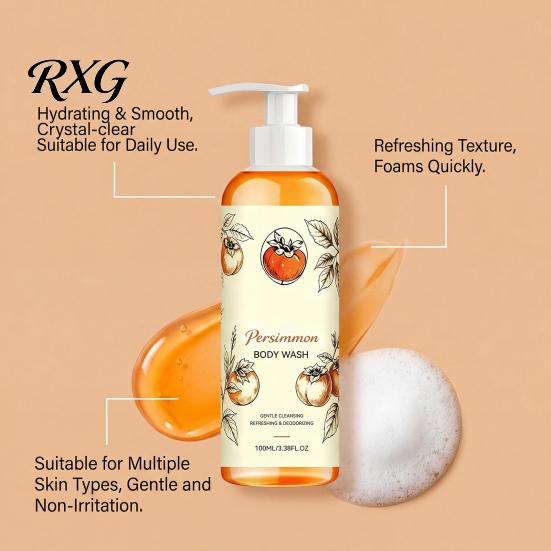 Hydrating Shower Gel Persimmon Body Wash, 100ml Gentle Exfoliating with Fresh Non Irritating Wash Fruit Scent, Deep Cleansing Mild Daily Cleanser for