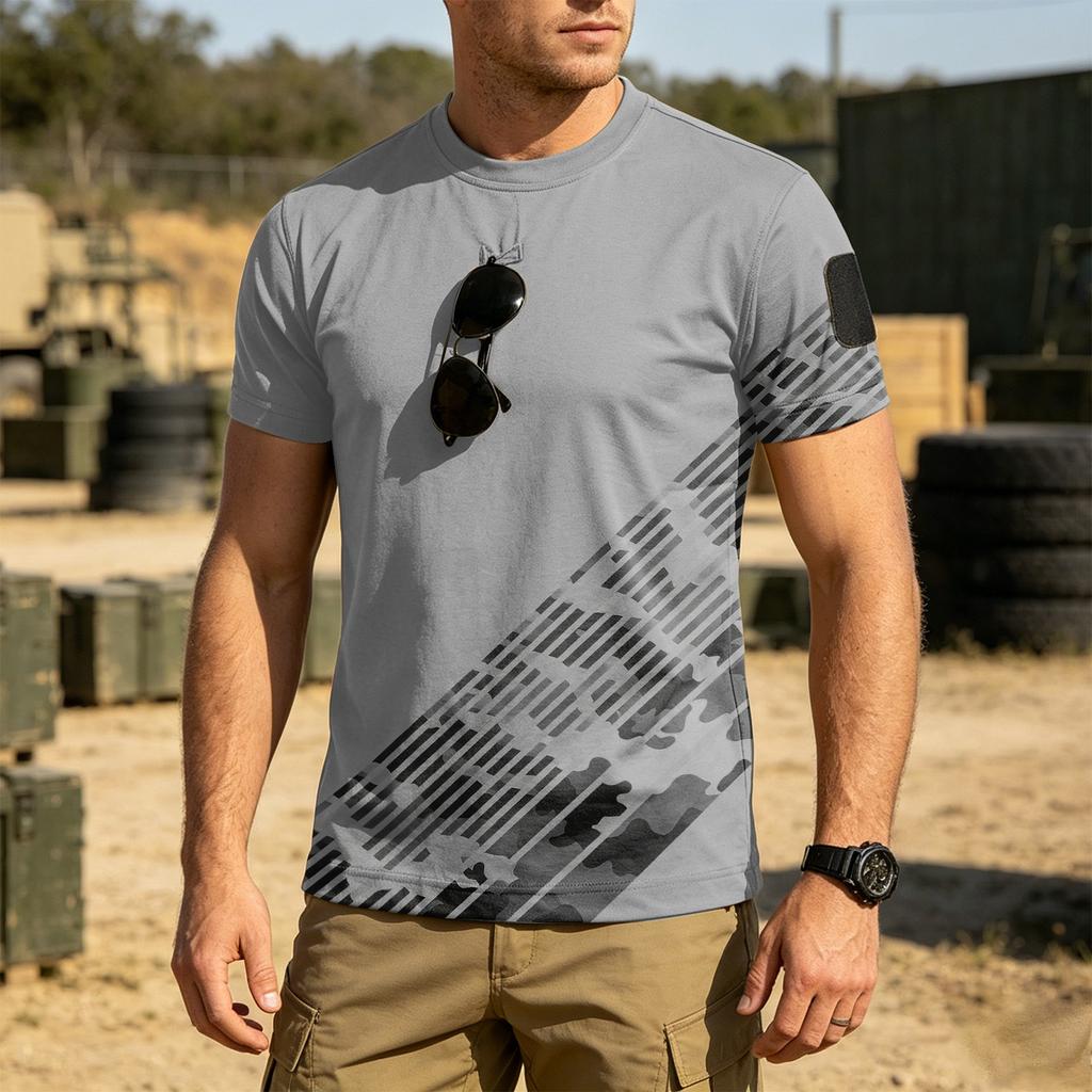 Men Tactical Crew Neck Loose Fit Breathable Outdoor Quick Dry T Shirt with Camouflage Print and Hook Loop Patch Design