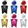 Kids Boys Girls Sleeveless Shiny Sequined Button Closure Front Vest Waistcoat and Hat for Jazz Dance Stage Performance