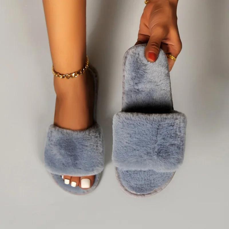 Модные меховые женские тапочки зимние новые модные плюшевые шлепанцы с мелким горлом для дома и улицы повседневные однотонные шлепанцы для спальни туфли на плоской подошве